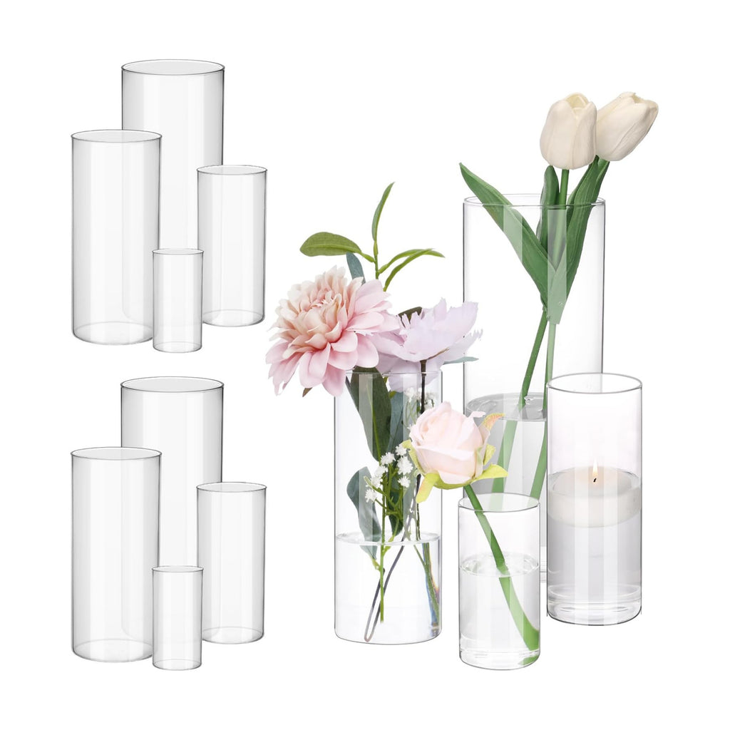Fixwal 12pcs Clear Glass Cylinder Vases, 4, 6, 8, 10 Inch Tall