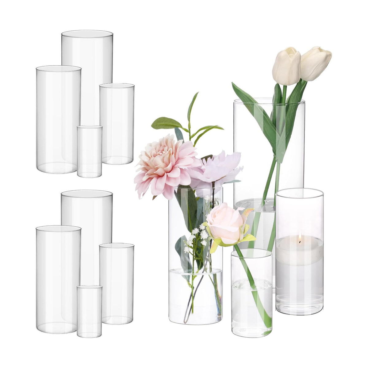 Fixwal 12pcs Clear Glass Cylinder Vases, 4, 6, 8, 10 Inch Tall