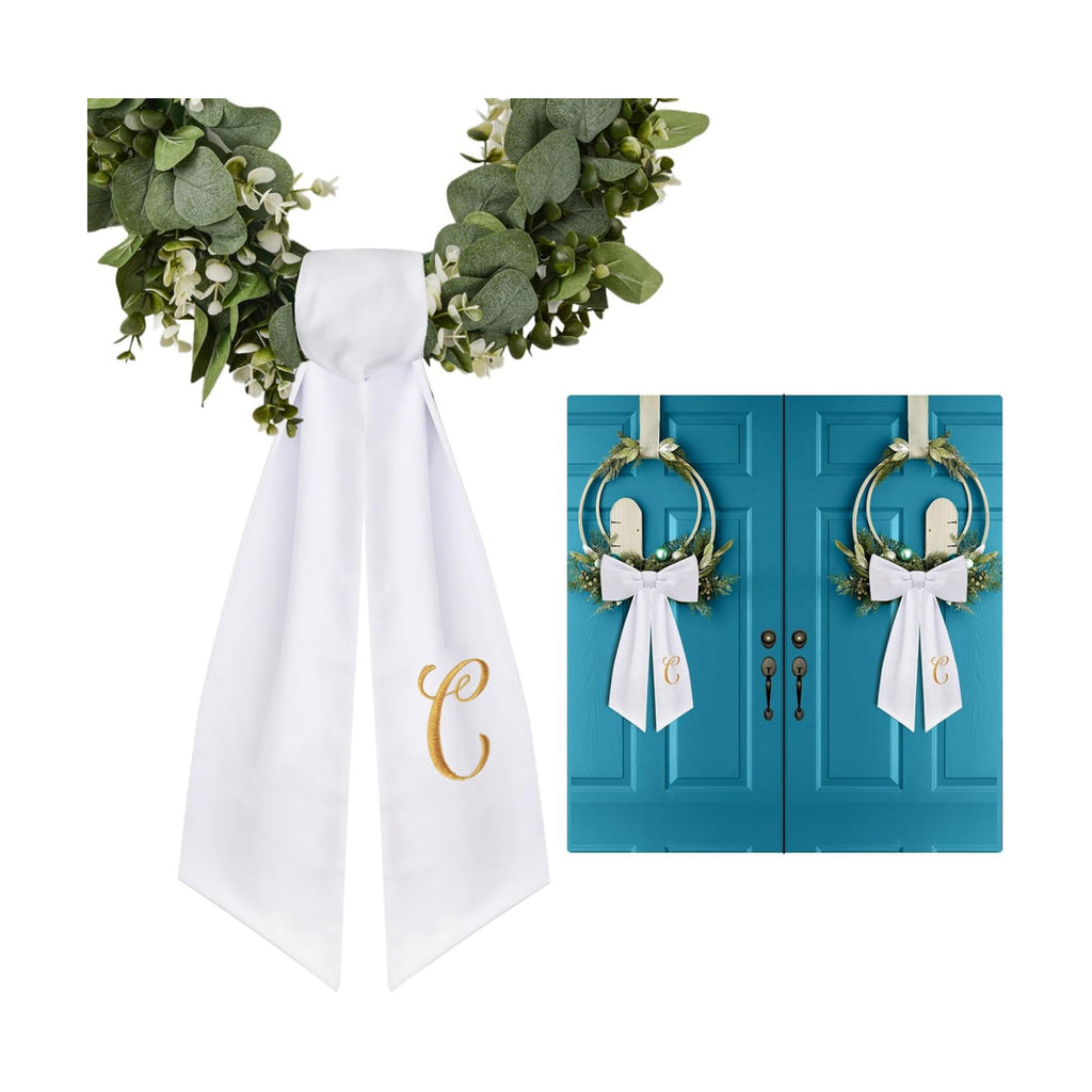 2 Pack Wreath Sash for Front Door Monogrammed Embroidery Wreath Sash for Boxwood Front Door Porch Wreath Garland Decor(Letter C)