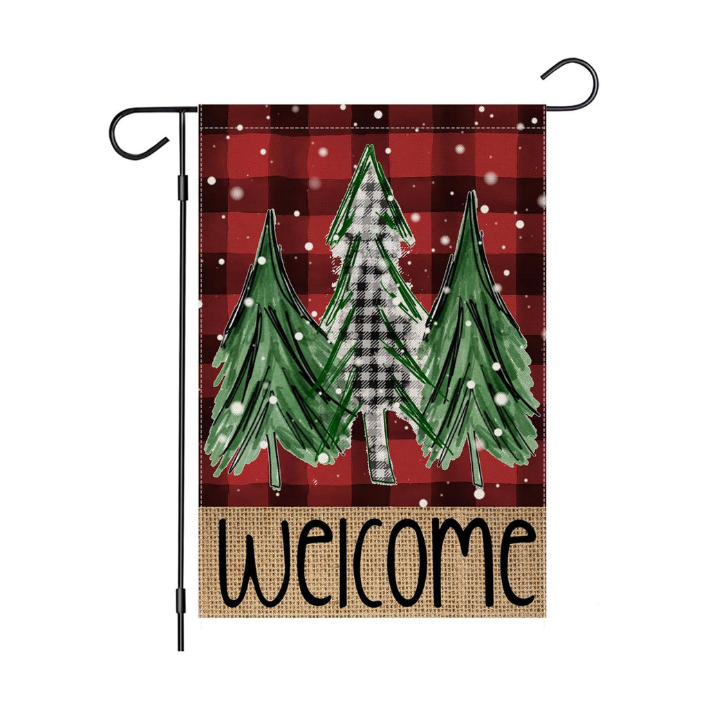 Welcome Red Buffalo Plaid Christmas Trees Garden Flag 12 x 18 Inch Vertical Double Sided Buffalo Plaid Red Holiday Yard Outside Xmas Decor