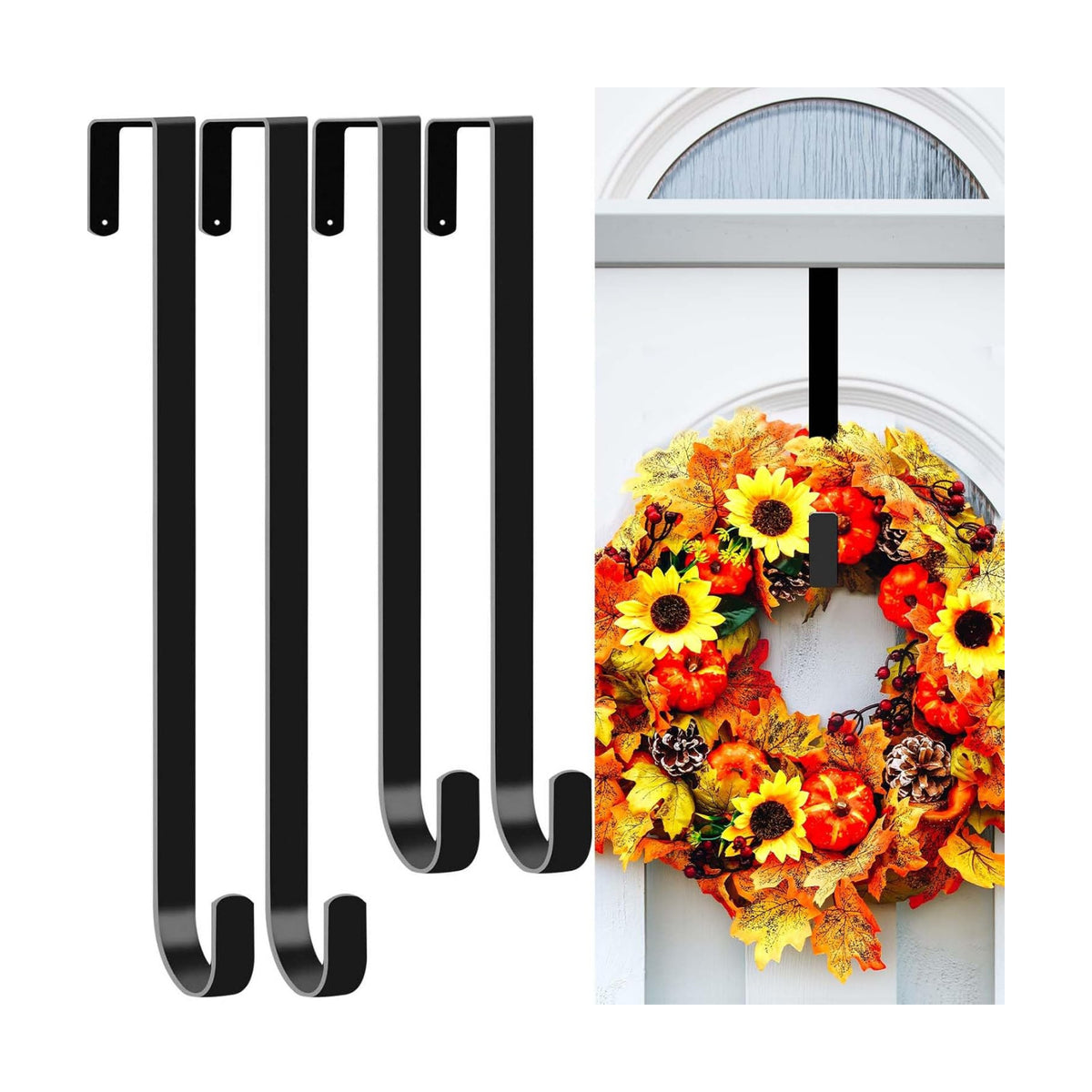 4 Pack Wreath Hangers for Front Door, Over The Door Wreath Hanger Holiday Decorations Wreath Hook for Hanging Christmas Easter Fall Decoration, Welcome Sign Holder Two Each of 12" and 15" (Black)