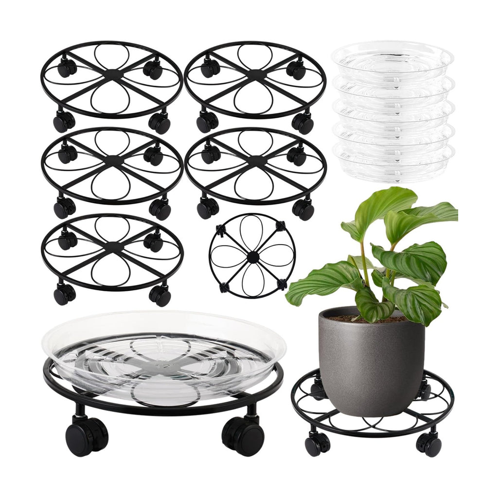 5 Packs 13.5 inches Large Metal Plant Caddy with Wheels Round Planter Dolly Pot Mover Rollers Wrought Iron Rolling