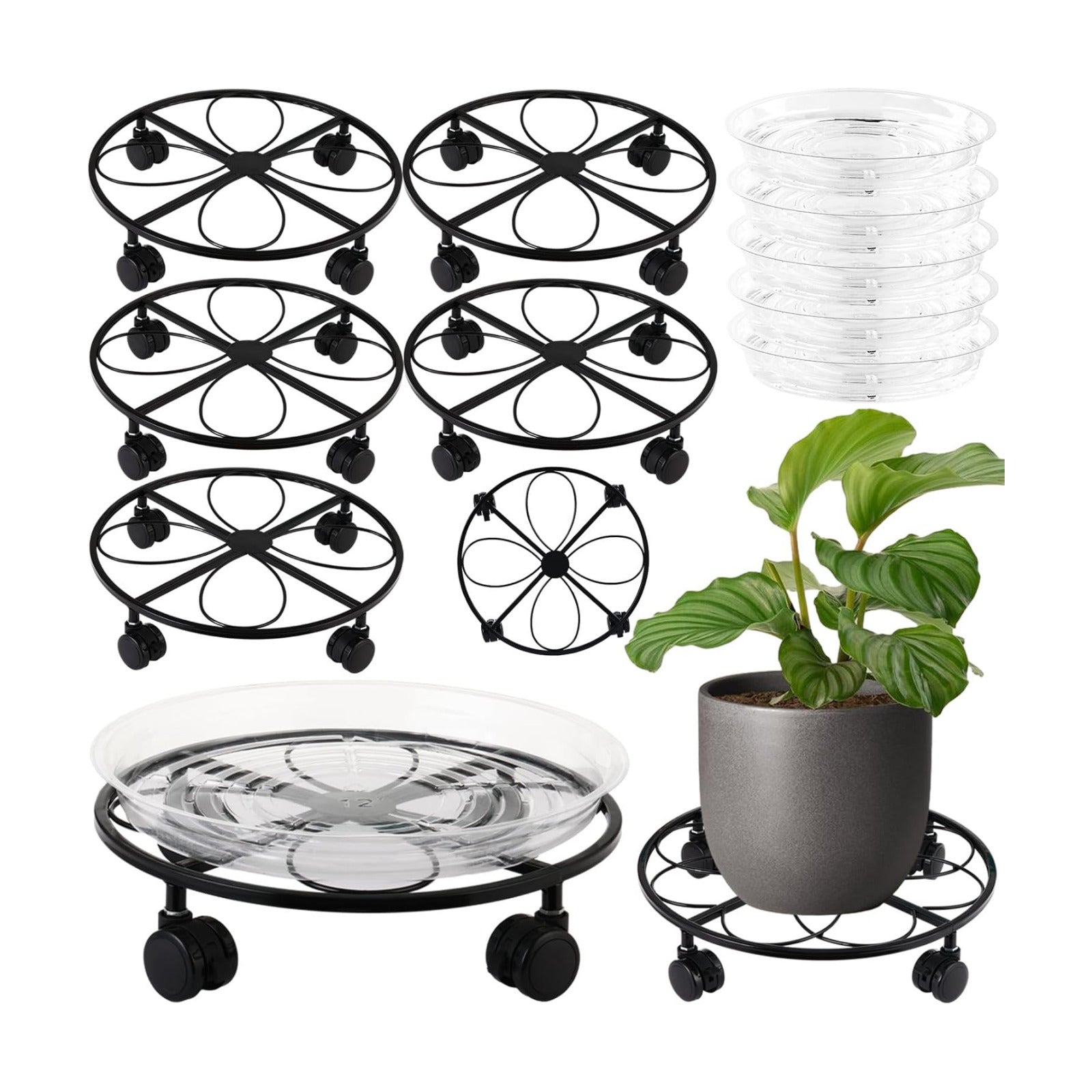 5 Packs 13.5 inches Large Metal Plant Caddy with Wheels Round Planter Dolly Pot Mover Rollers Wrought Iron Rolling