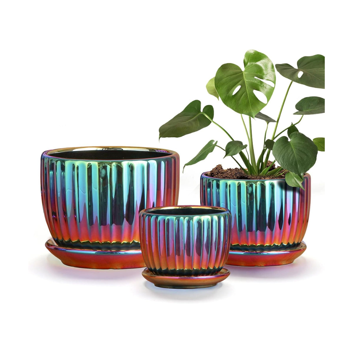 Ceramic Planters,Plant Pots with Drainage Holes & Saucers Set of 3(Purple)