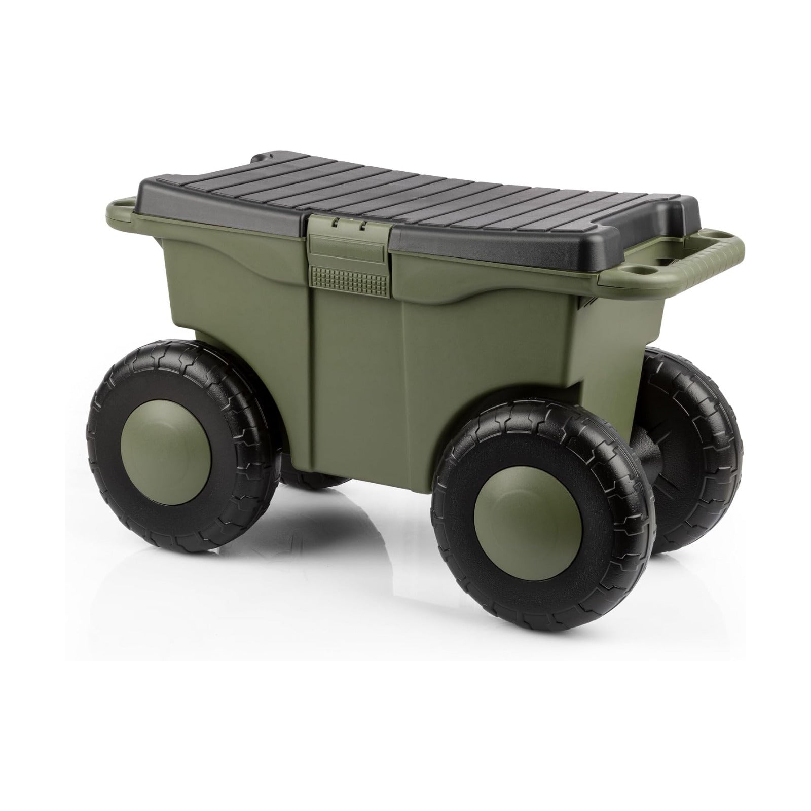 Pure Garden Rolling Garden Cart with Seat, Green | Plastic Garden Bench with Interior Tool Tray for Storage - Gardening