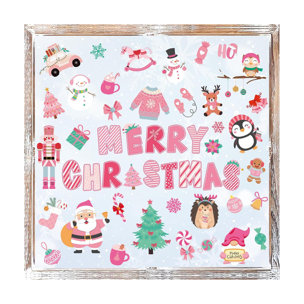 Whaline 9 Sheets Merry Christmas Window Cling Stickers Pink Cartoon Santa Snowman Penguin Reusable Window Decals for Xmas Winter Party Home Office Classroom Decoration