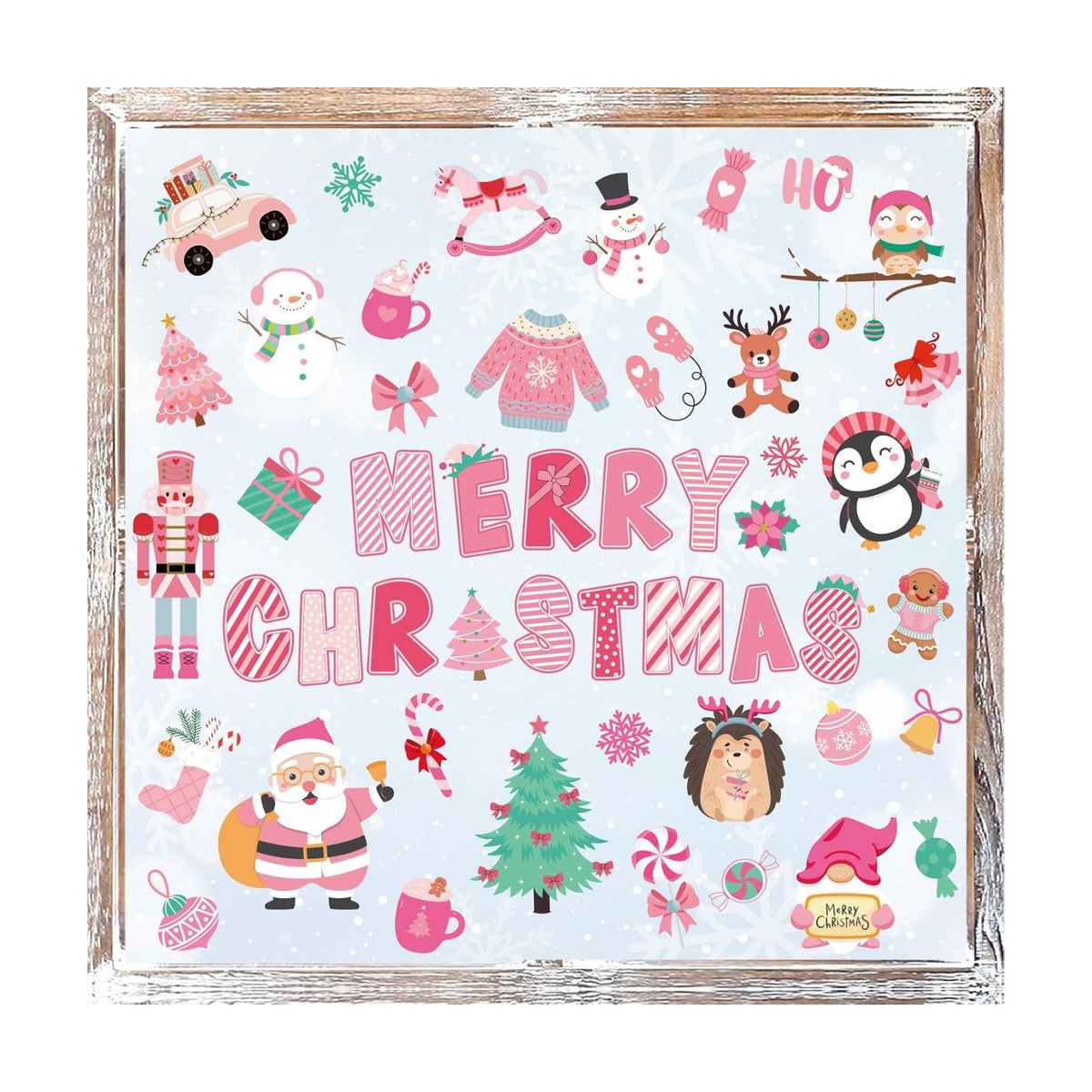 Whaline 9 Sheets Merry Christmas Window Cling Stickers Pink Cartoon Santa Snowman Penguin Reusable Window Decals for Xmas Winter Party Home Office Classroom Decoration