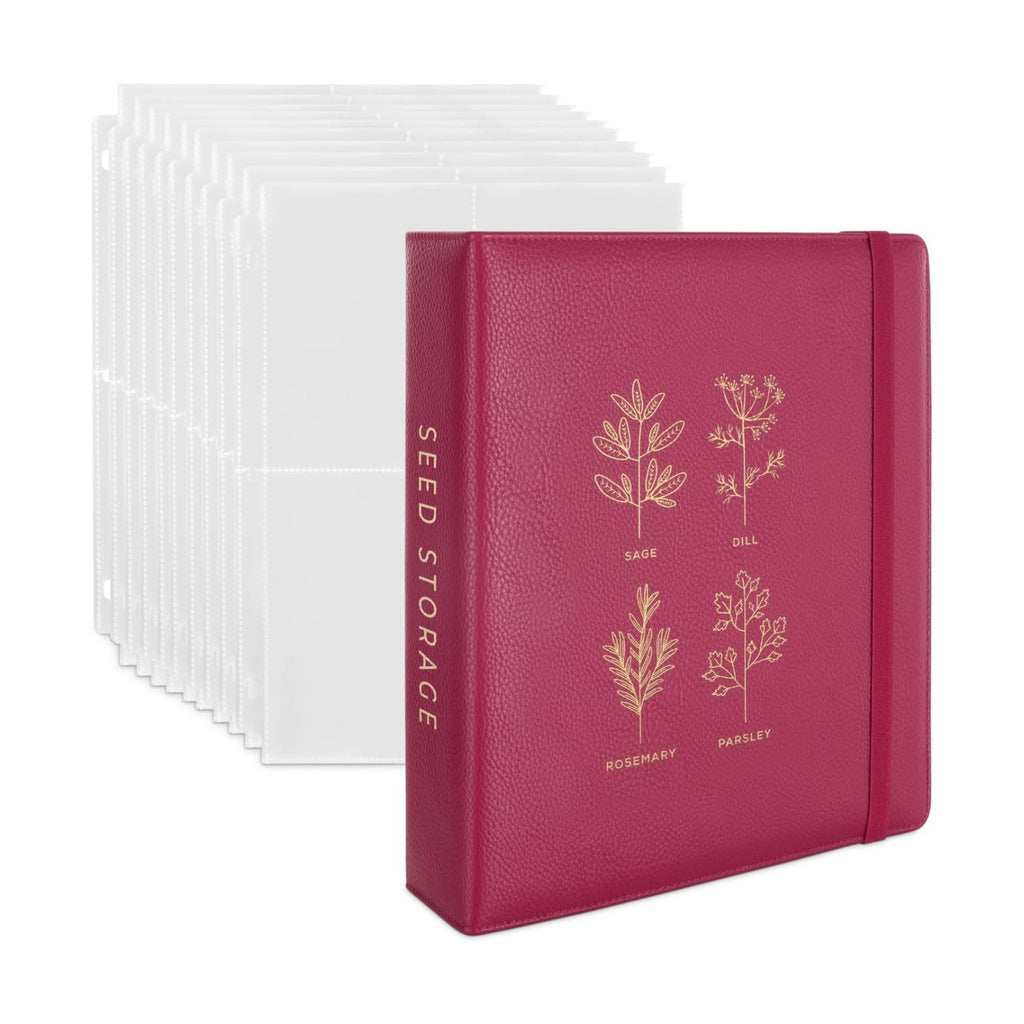 Wildgoose Seed Binder - Seed Packet Organizer, Storage Book, Raspberry | 50 sheet protectors hold 200 envelopes, garden