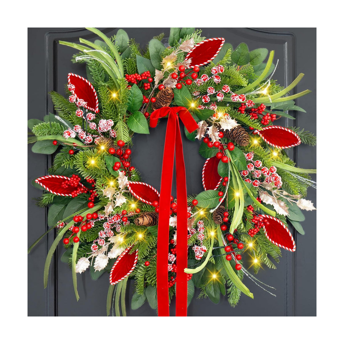 Christmas Wreath with Lights,Outdoor Pre-lit Christmas Wreaths for Front Door-24 Inch Xmas Door Wreath with Pine Needles Pine Cones and Red Berries- Farmhouse Home Christmas Decorations
