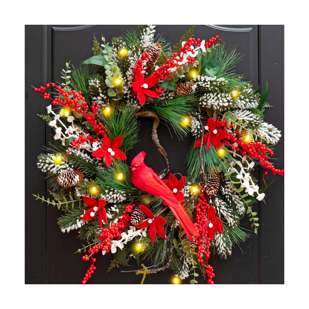 Christmas Wreath with Lights, Soomeir 24 Inch Lighted Christmas Wreaths for Front Door with Pine Needles and Berries, Large Prelit Wreath for Holiday Winter Window Outdoor Indoor Xmas