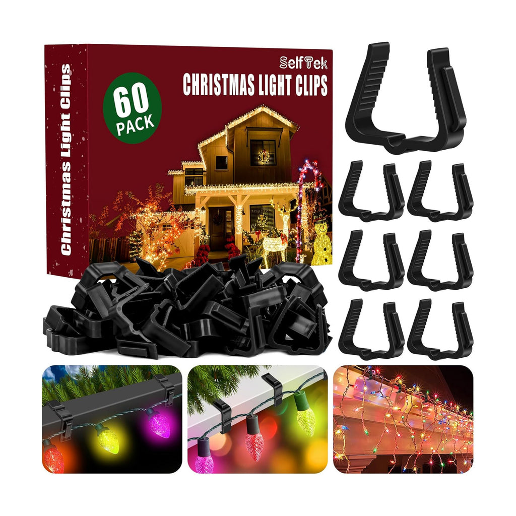 SelfTek 60 Pcs Christmas Light Clips Hooks, 1 5/8" Fascia Board Clips, Weatherproof Plastic Gutter Clips for Hanging Outdoor Lights, Holiday Light Clips Light Hangers for Roof Gutter Fence Eave-Black
