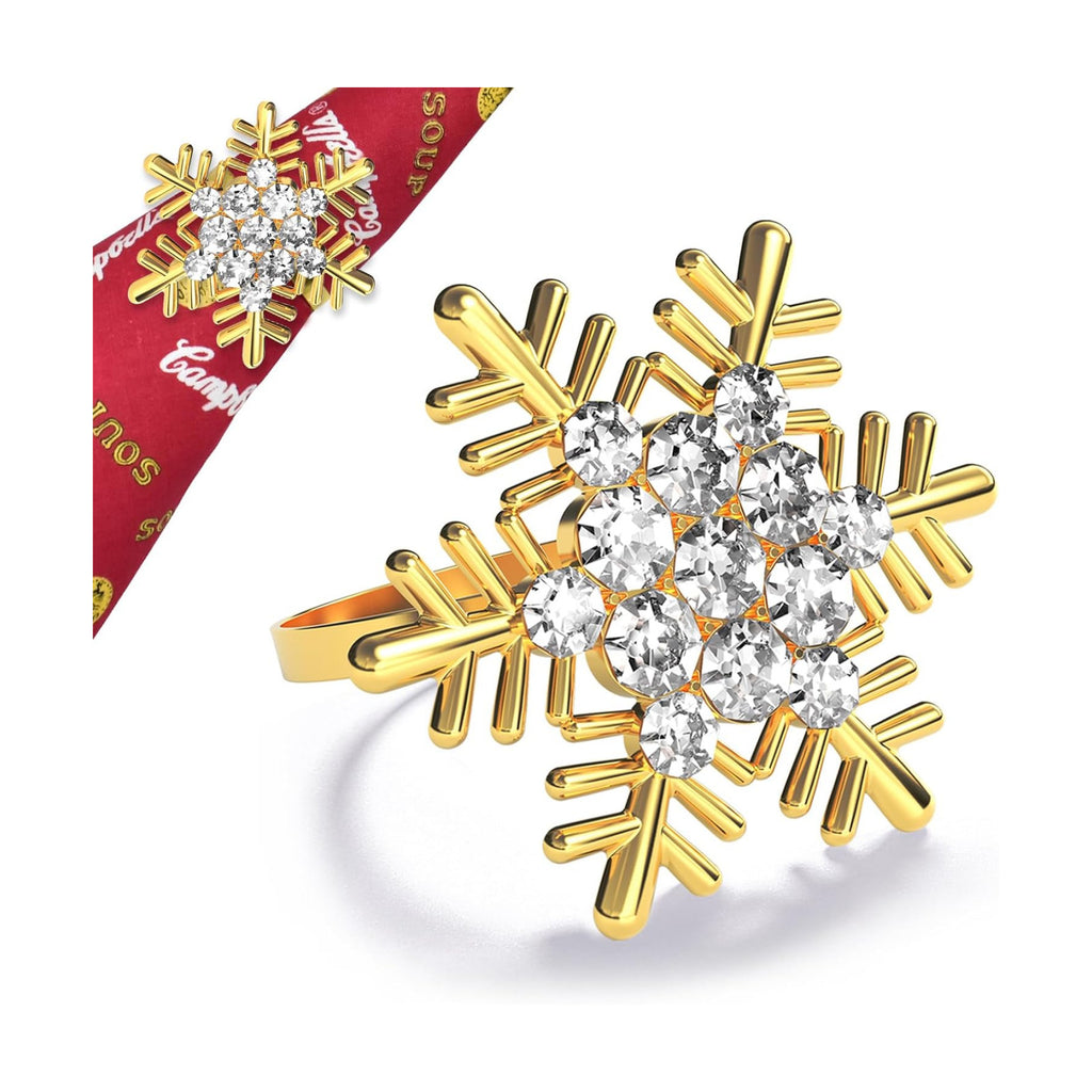 Halatool Christmas Napkin Rings Set of 12, Gold Snowflake with White Rhinestone Napkin Holder for Christmas Thanksgiving Winter Holiday Place Setting, Weddings, Party Table Decoration