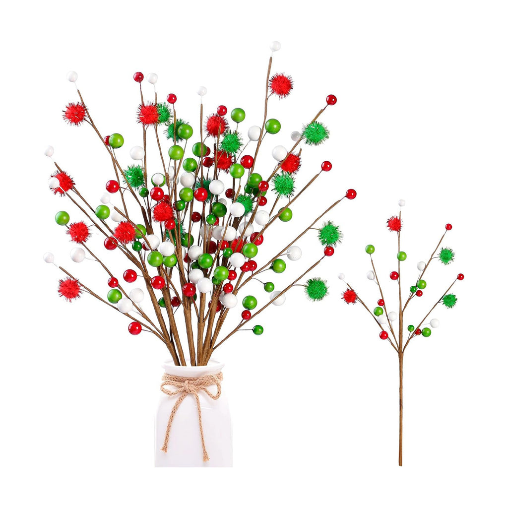 Sggvecsy 6Pcs Artificial Berry Stems 16inch Christmas Tree Picks Red Green White Berry Picks Fake Christmas Berry Branches for Floral Arrangements Christmas Tree Holiday Home Xmas DIY Crafts Decor