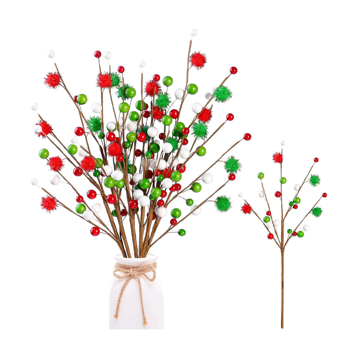 Sggvecsy 6Pcs Artificial Berry Stems 16inch Christmas Tree Picks Red Green White Berry Picks Fake Christmas Berry Branches for Floral Arrangements Christmas Tree Holiday Home Xmas DIY Crafts Decor