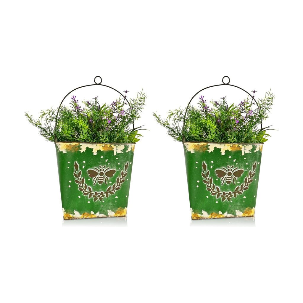 Farmhouse Wall Mount Metal Flower Pots Rustic Galvanized Bee Flower Holder Wall Hanging Pocket Planter for Indoor