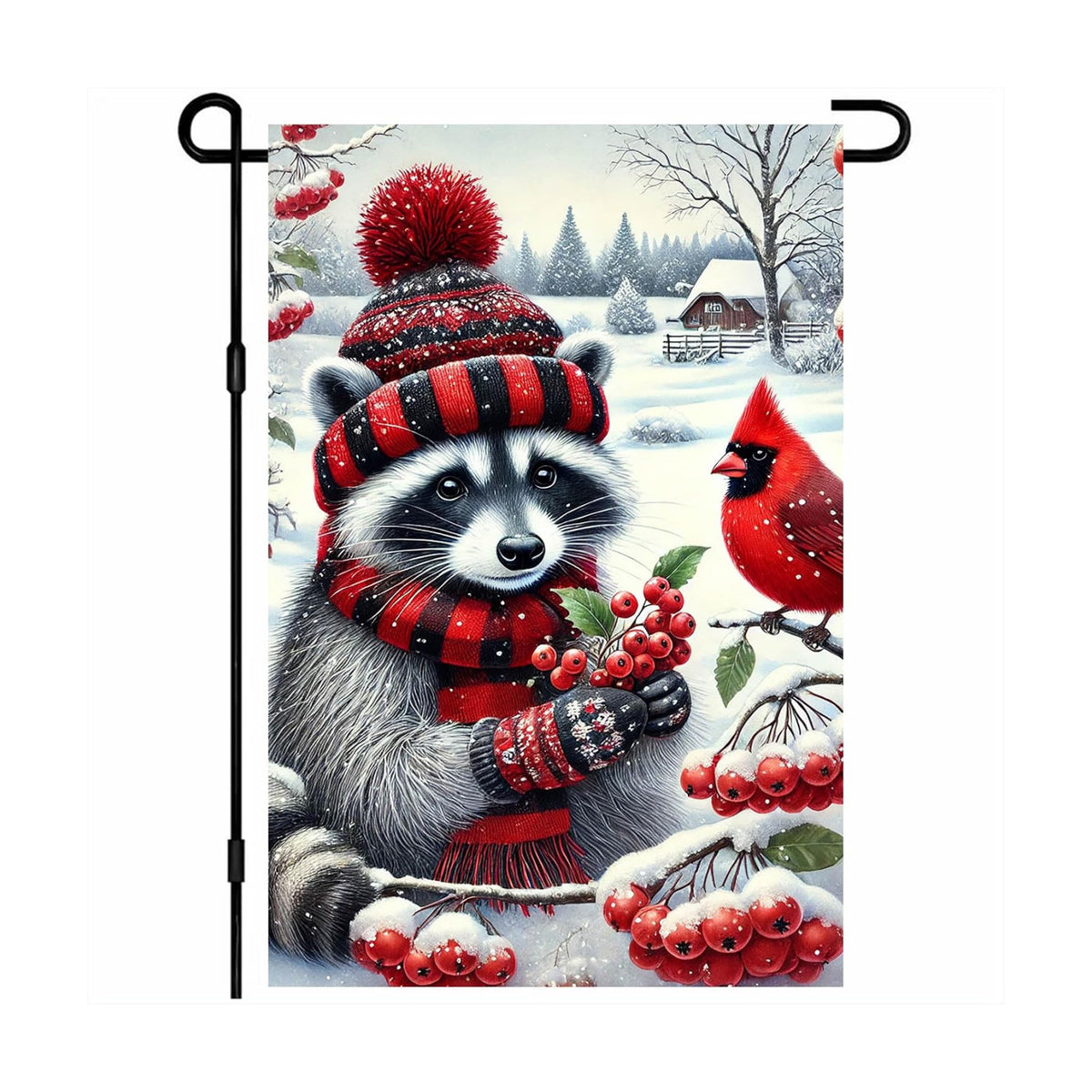 BlissYard Garden Flag Raccoon Red Scarf Winter 12x18 Inch Polyester