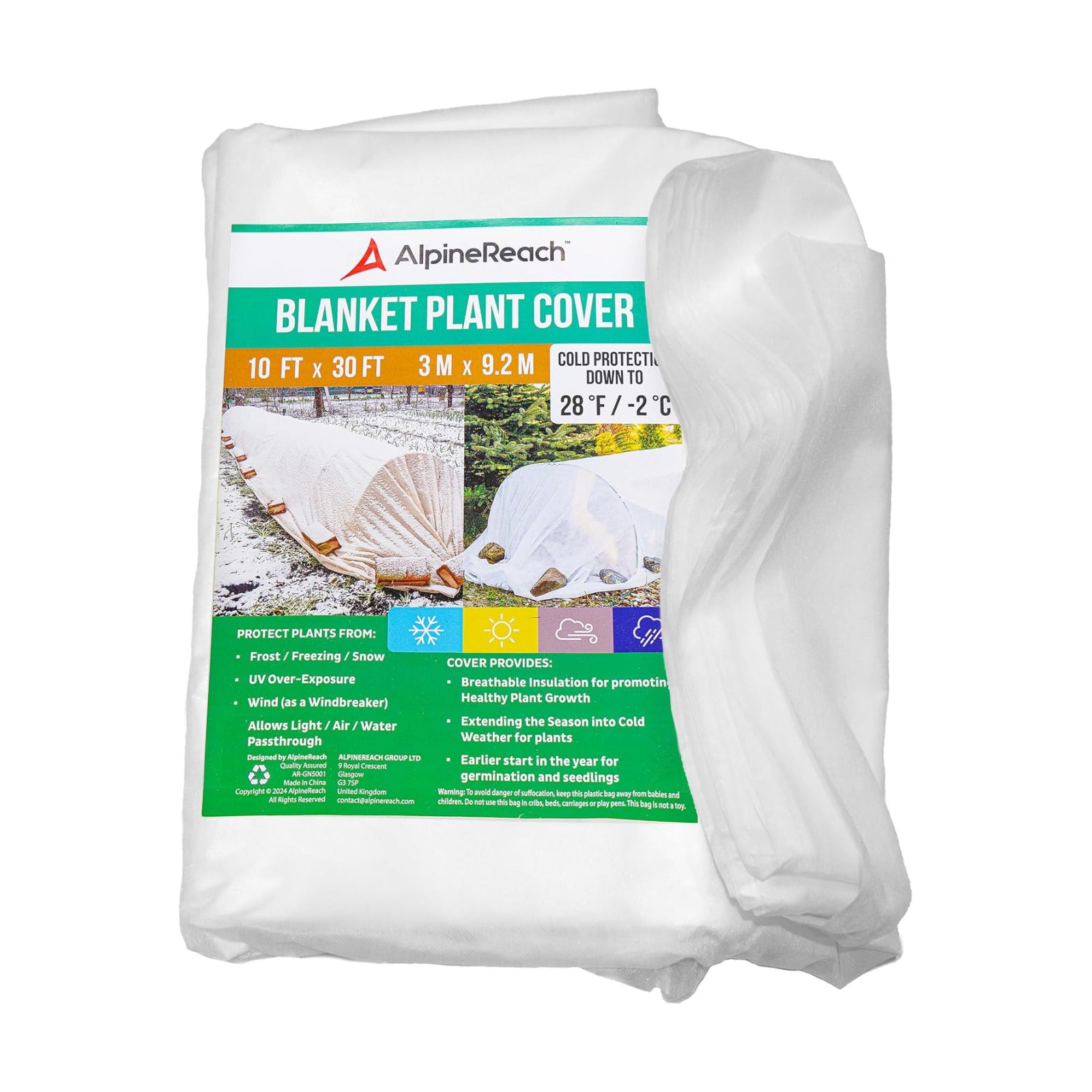 AlpineReach Plant Covers Frost & Sun Protection 10 x 30 ft - Thick 1.2 oz/yd² Freeze Blanket to Low 28 °F Temperatures