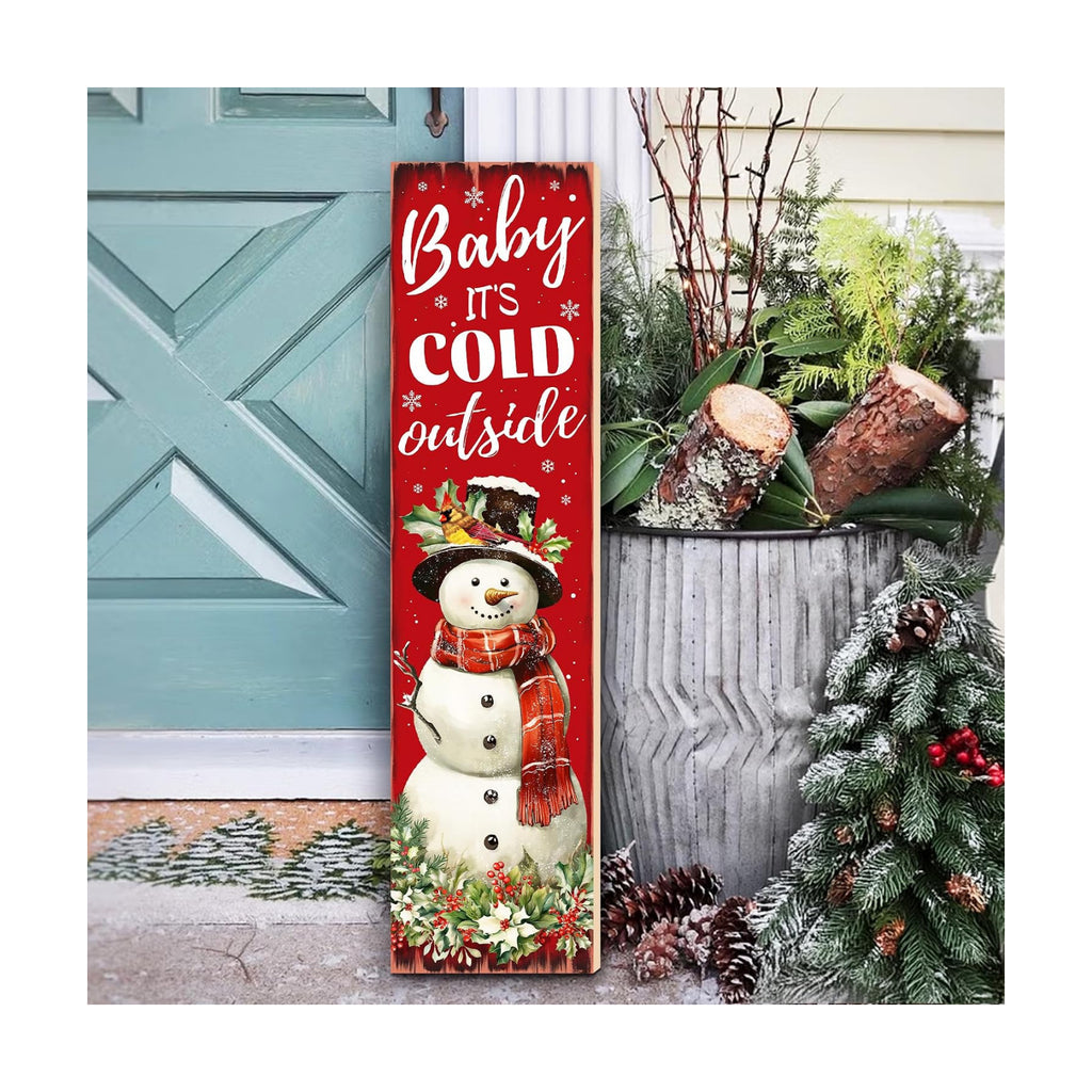 Christmas Snowman "Baby It’s Cold Outside" Porch Sign 31.5" Rustic Welcome Sign for Front Door Farmhouse Style Standing Porch Decoration
