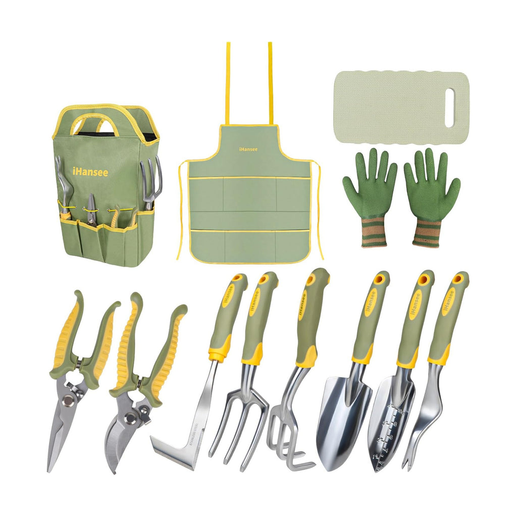 Green Garden Tools Set 12-Piece, Gardening Gifts for Women Men | Aluminum Gardening Hand Tools with Non-Slip Ergonomic