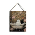 Funny Halloween Bathroom Decor, Cute Halloween Decorations Indoor, Spooky Halloween Wall Art Wooden Hanging Sign, Ghost Black Cat Farmhouse Wood Block Plaque Sign Decor for Home Washroom Bathroom