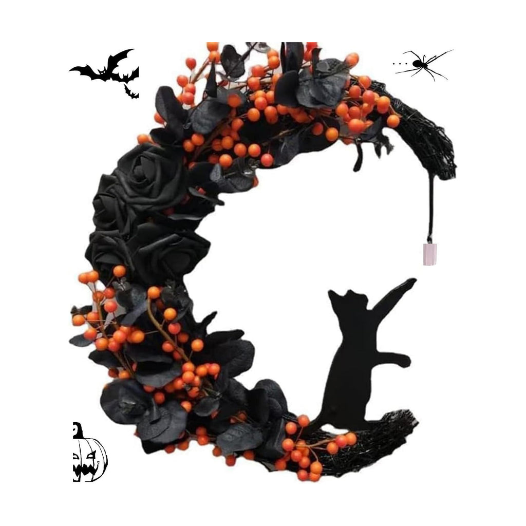 Orange Halloween Wreath with Lights, Crescent Moon Cat Door Wreath