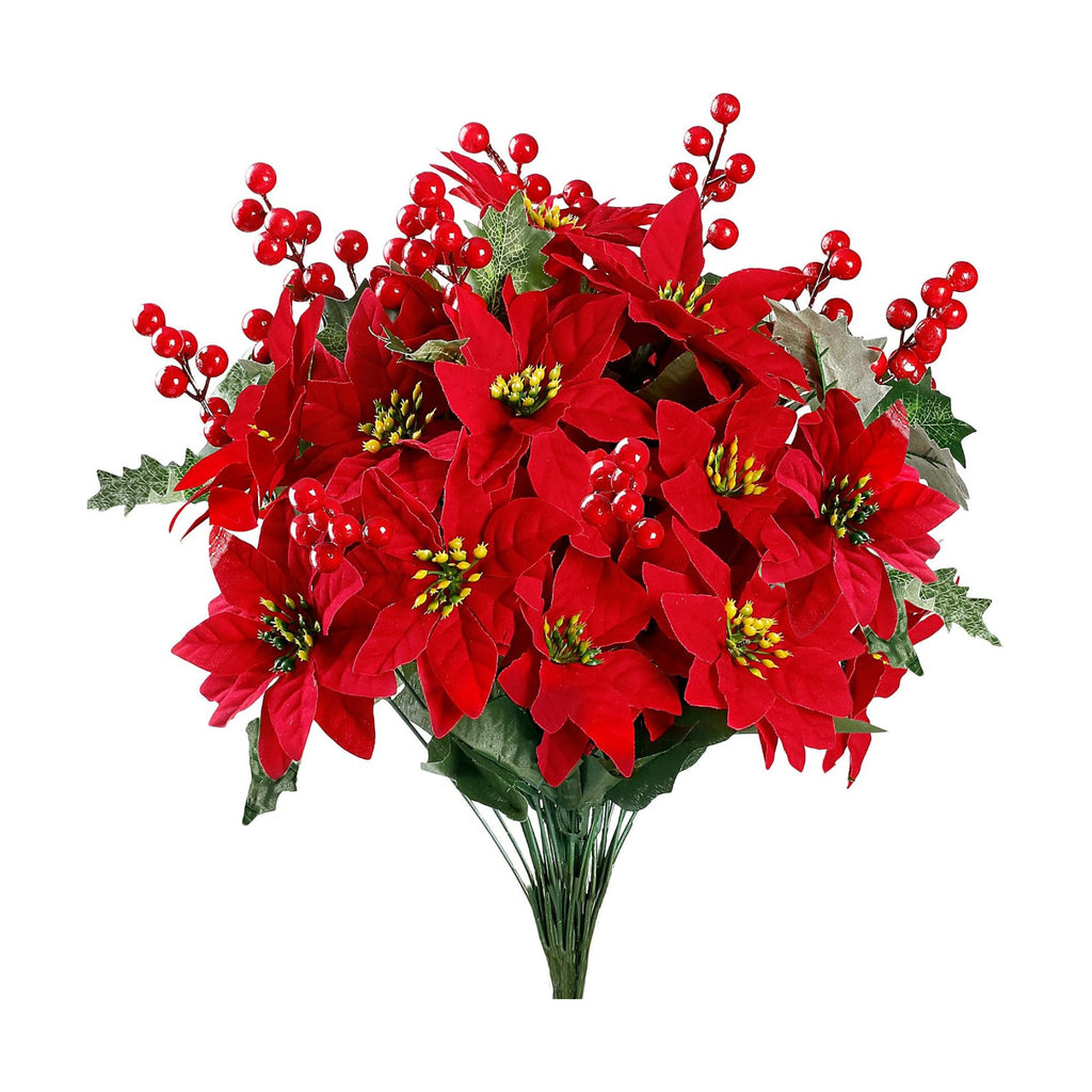 Sggvecsy Artificial Poinsettia Bouquet 17’’ Poinsettia Bush Christmas Flowers Holly Berry Stems with Red Berries Holly Leaves for Home Porch Garden Indoor Outdoor Holiday Xmas Decorations (Pack of 6)