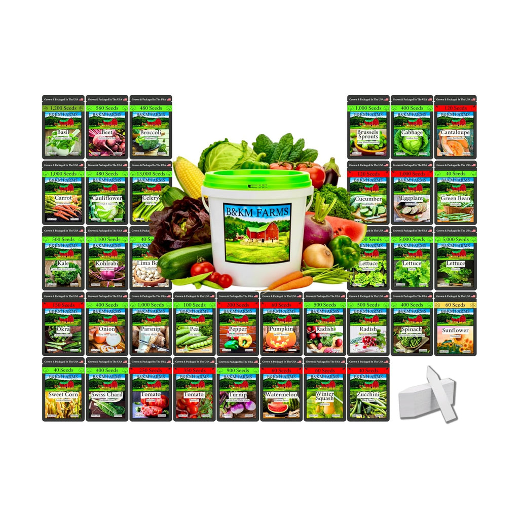 B&KM Farms 40,000+ Non-GMO Heirloom Seed Kit-36 Fruit & Vegetable Variety | Features 5+ year supply of 36 individual