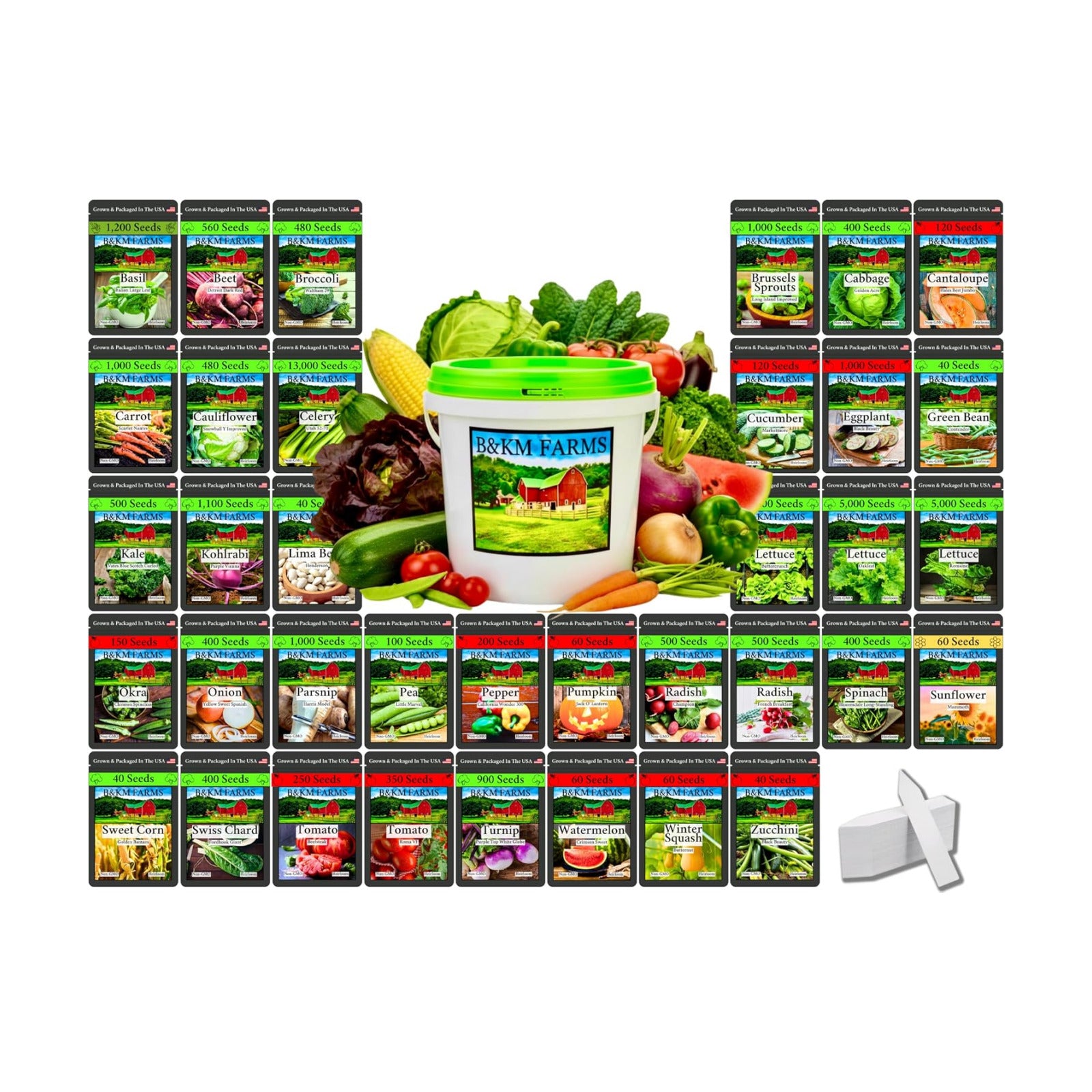 B&KM Farms 40,000+ Non-GMO Heirloom Seed Kit-36 Fruit & Vegetable Variety | Features 5+ year supply of 36 individual