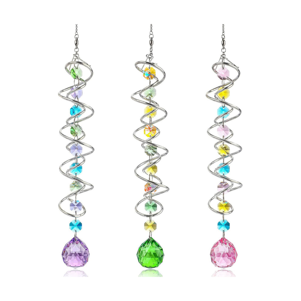 Set of 3 Crystal Suncatcher Spiral Wind Spinner Gazing Ball Decor | Crystal Suncatcher Rainbow Maker with Spiral Tail