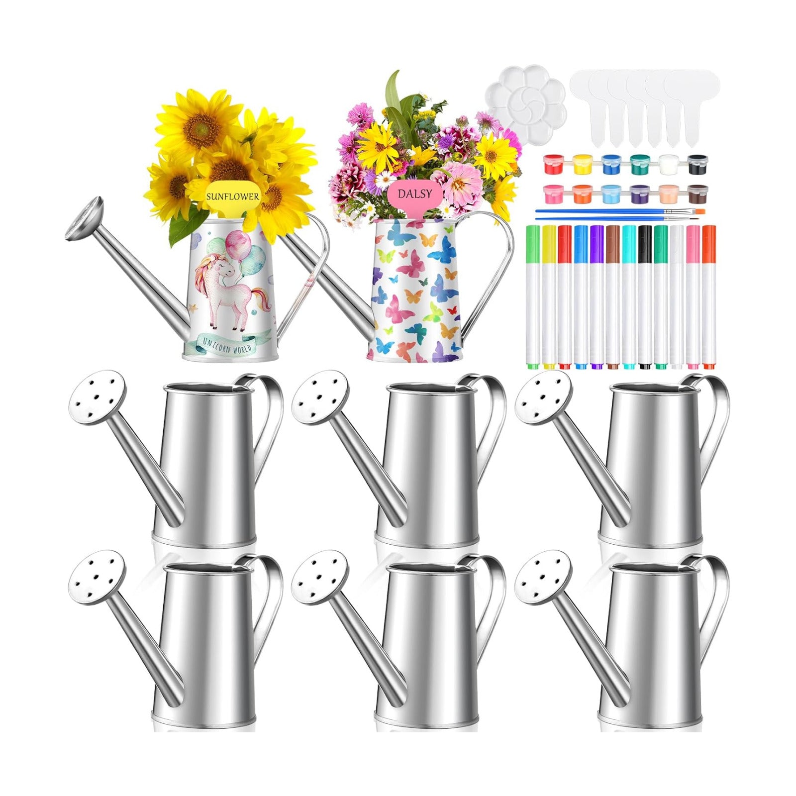Reallnaive 6 Set Planter Watering Can Bulk DIY Flower Gardening Kit | Ready to Paint with Brushes, Metal Planters Ideal