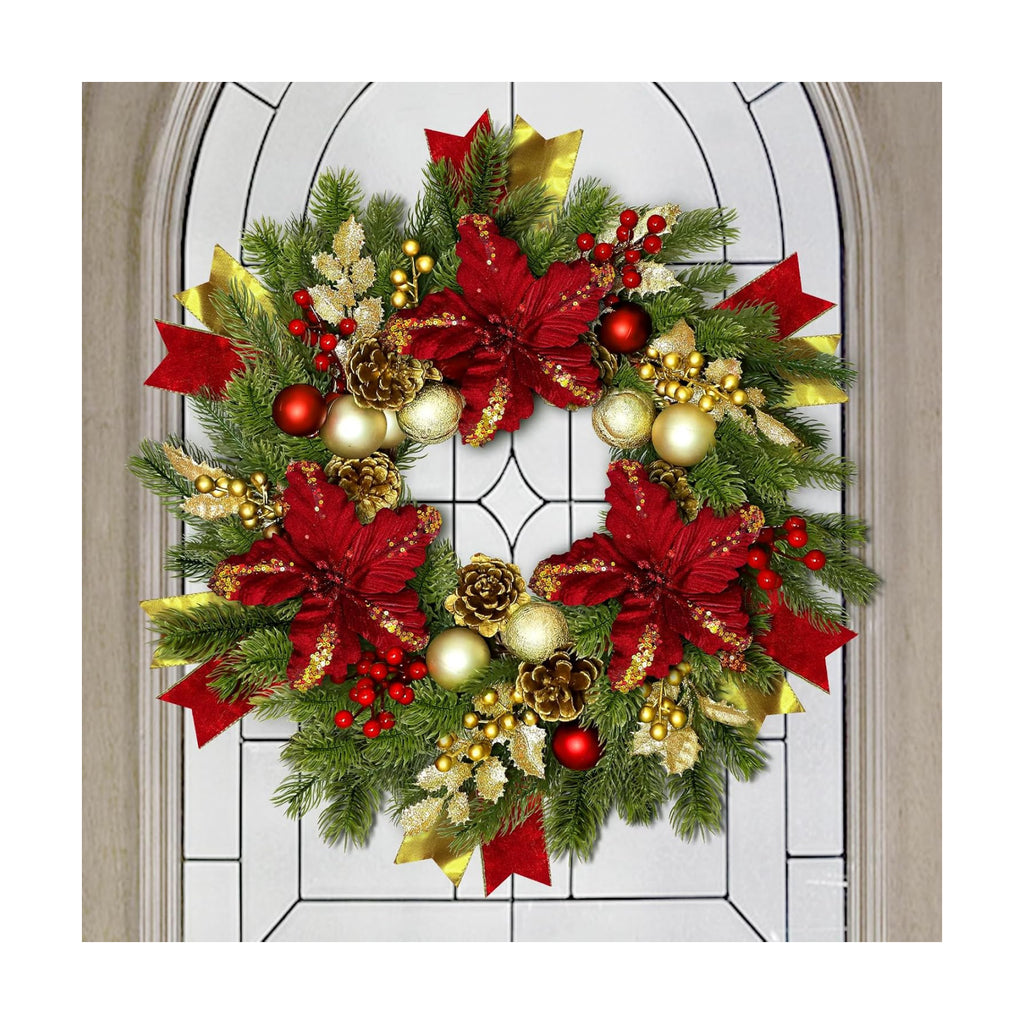 24" Christmas Wreaths for Front Door with Lights & Poinsettia Flowers