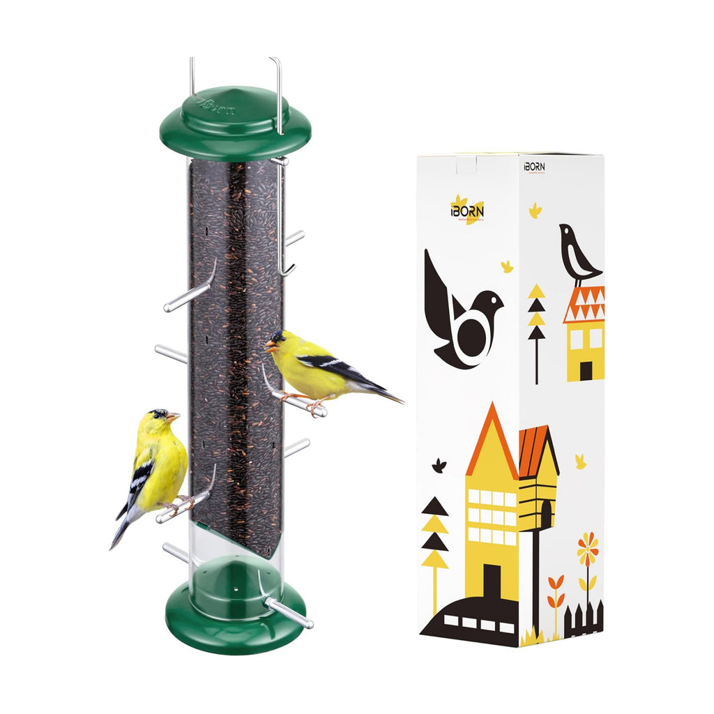 iBorn Nyjer & Thistle Bird Feeder for Outdoors Hanging，Finch Feeders for Outside，Metal Tube Bird Feeder 14 Inch with 12 Small Ports,8 Metal Perches,Green
