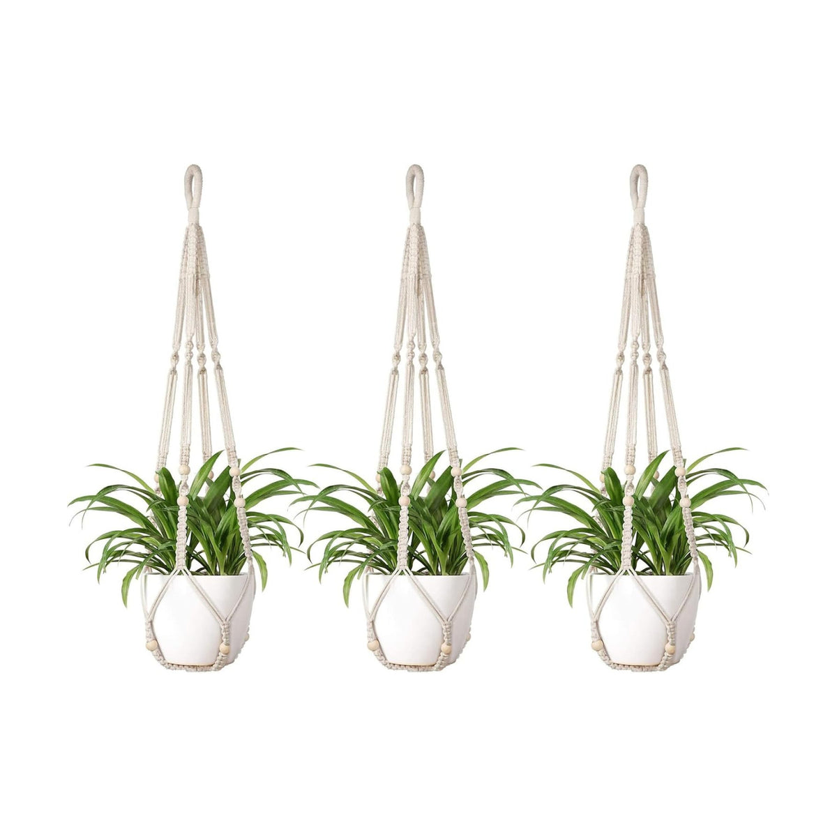 Mkono Macrame Plant Hanger Indoor 35 Inch Hanging Planter Basket Ivory 3Pcs