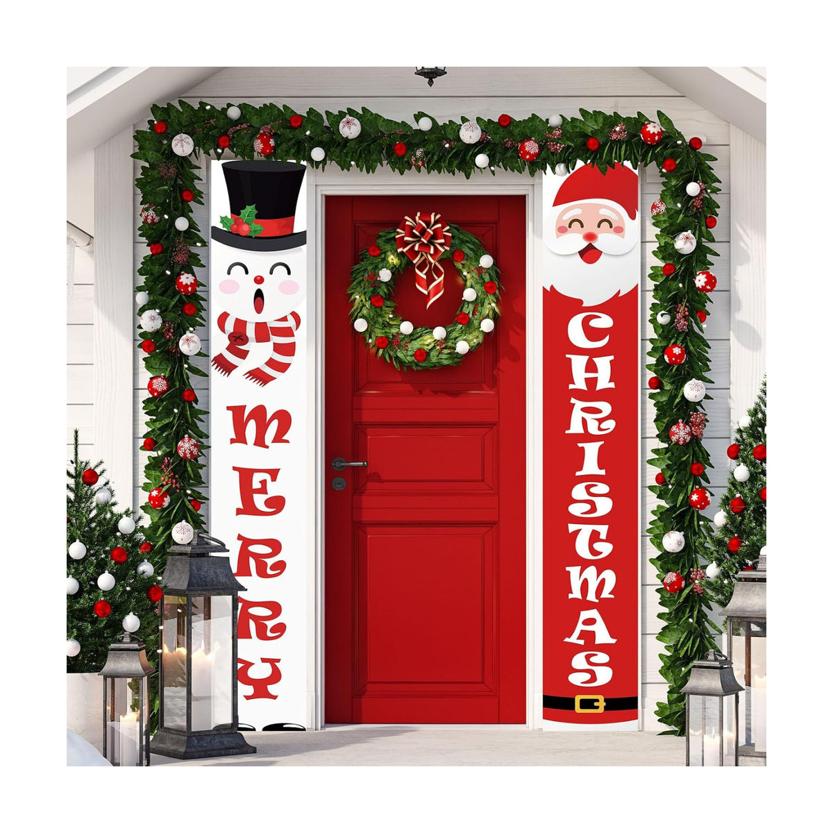 Christmas Porch Banner Sign Snowman Santa Claus Merry Christmas Banner for Xmas Holiday Wall Hanging Decor Supplies Indoor Outdoor