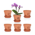 JUXYES Small 4" Hollowed Out Terracotta Orchid Pots with Holes and Saucer | 6 Pack Natural Rustic Clay Planter Pots for