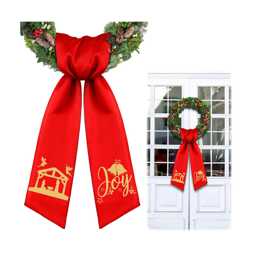 Christmas Wreath Sash Front Door Red Gold Nativity Satin Bow