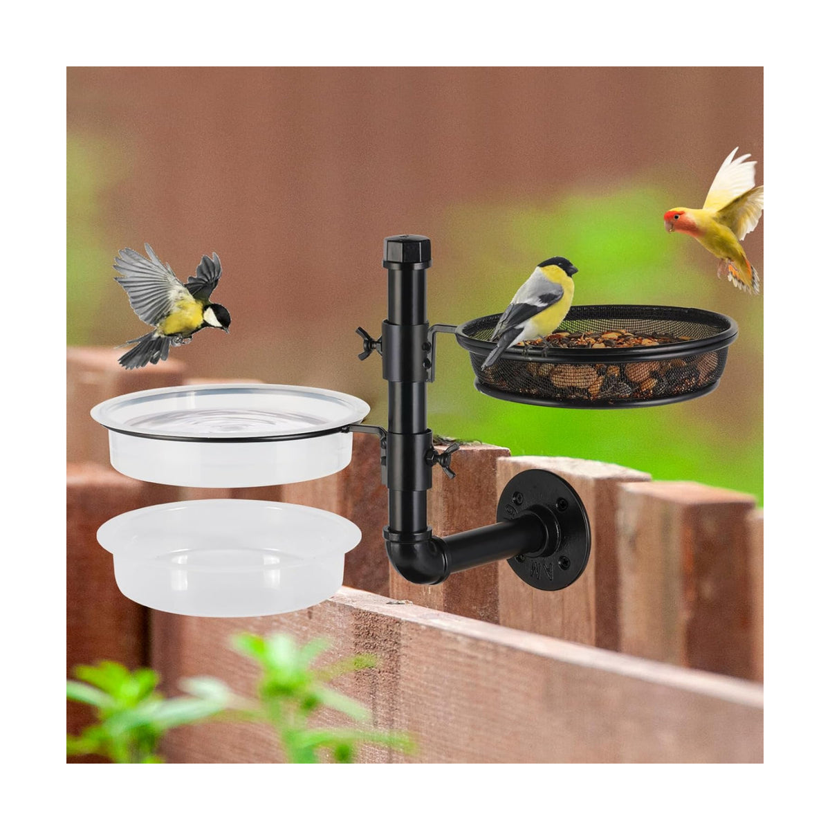 Urban Deco Wall Mounted Bird Feeder With Detachable Tray and 2 Water Bowls for Balcony, Yard, Fence, and Tree - Black