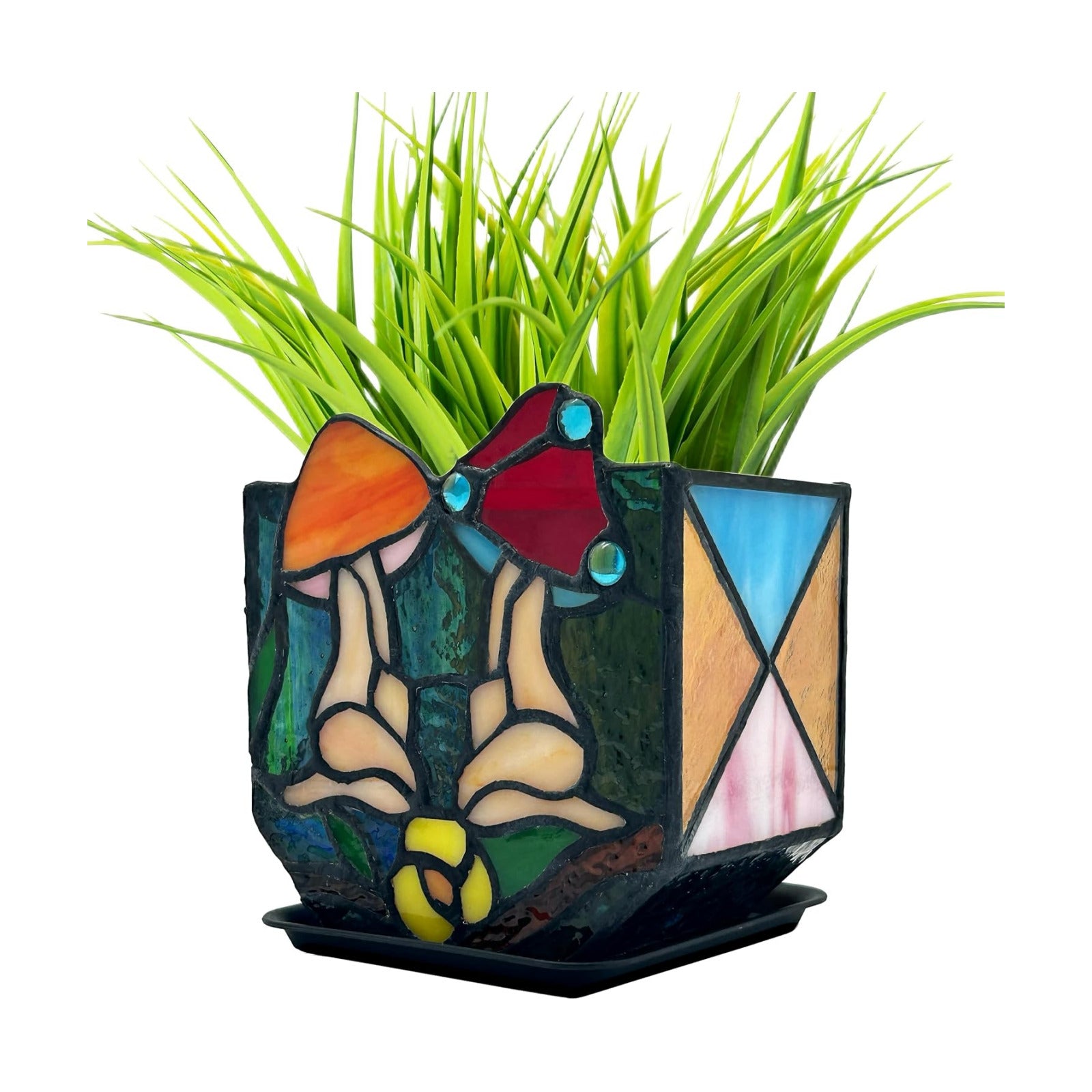 Mushroom Lady Body Plant Pots,Flower Pot with Drainage Hole, Stained Glass Mushroom Lady Yoga Pose Decoration