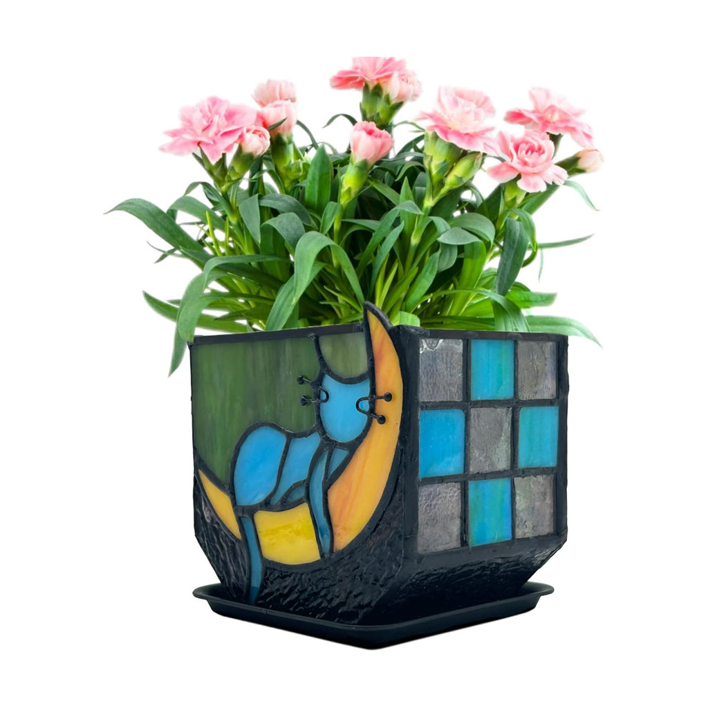 Tiffany Stained Glass Unique Moon Sleeping Blue Cat Planter,Indoor Plant Pots with Drainage,Cute Cat Planter Pots,Decorative Plant Pots, Dried Flowers Pot,Cute Gardening Gifts