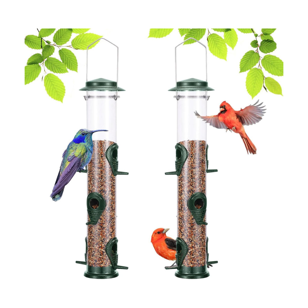 Metal Bird Feeder Tube Hanging Wild Bird Seed Feeder Aluminum Six Port Bird Feeders,1.4 mm Extra Thick Solid Tube Transparent with Steel Hanger Great for Attracting Birds (Green 2PK)