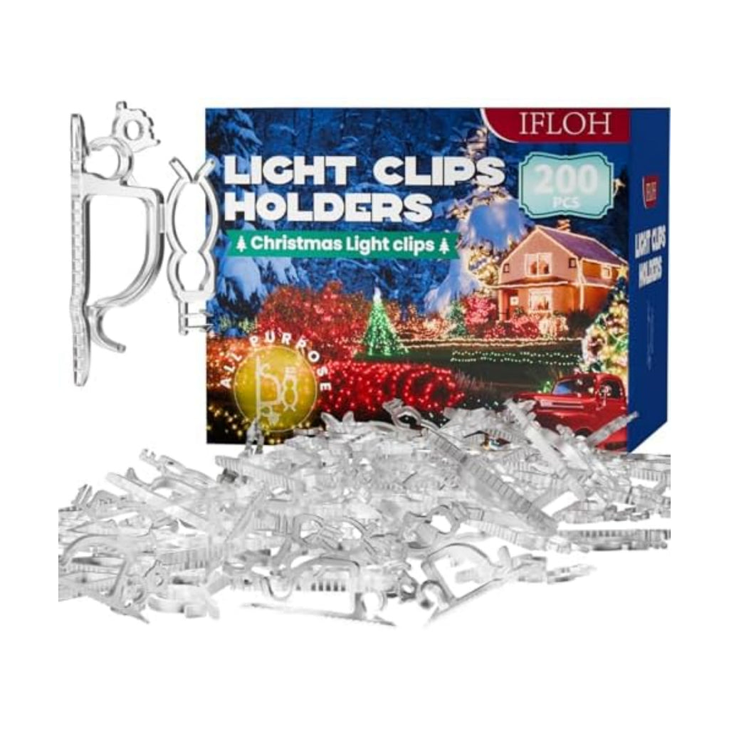 Holiday Light Clips [Set of 200] Christmas Outdoor Light Clips - Mount to Shingles & gutters - Works with Mini, C6, C7, C9, Rope, Icicle Lights - No Tools Required
