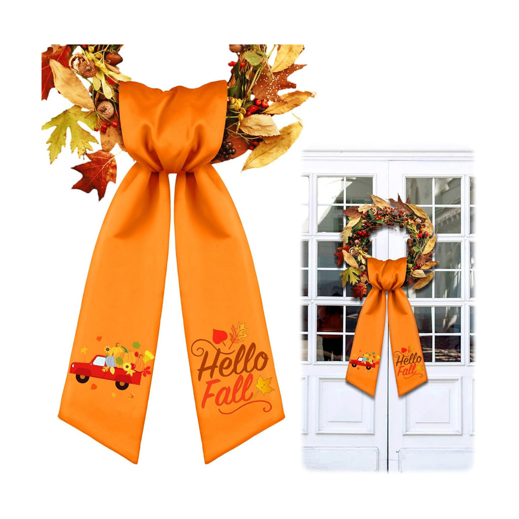 VitalCozy Hello Fall Wreath Sash for Front Door, Orange Satin Ribbon Bow