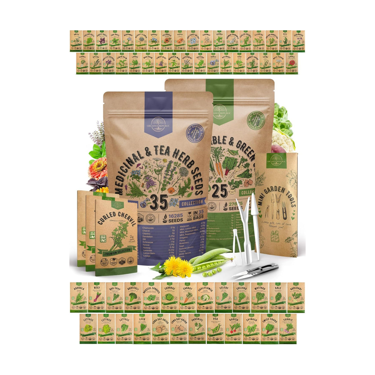 35 Medicinal & Tea Herb Seeds & 25 Winter Vegetable & Greens Seeds Variety Pack Bundle, 44,000+ Non-GMO Heirloom Garden