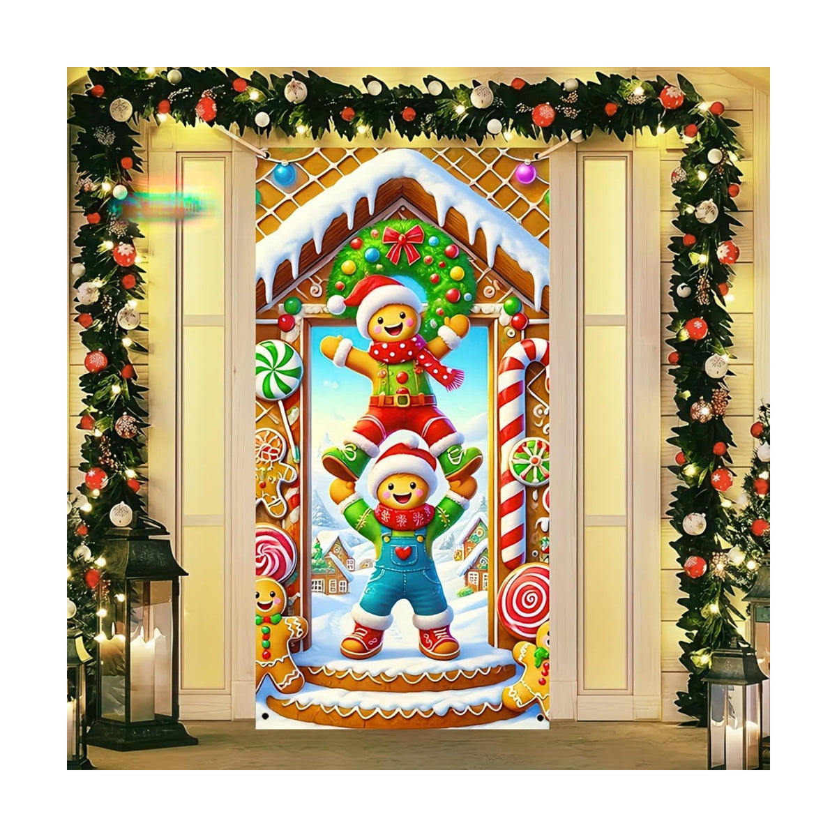 BlissYard Christmas Door Cover Gingerbread Trio 35 x 71 Inch