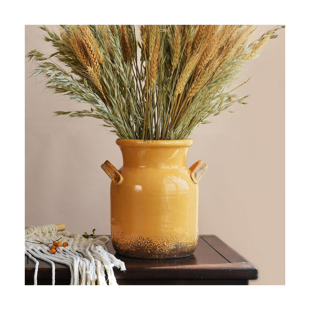 Quoowiit Ceramic Rustic Farmhouse Vase, Distressed Decorative Flower Vases for Home Decor, Ideal Shelf Decor, Yellow Boho Vase for Living Room Bedroom Kitchen Office Centerpiece Table Decorations