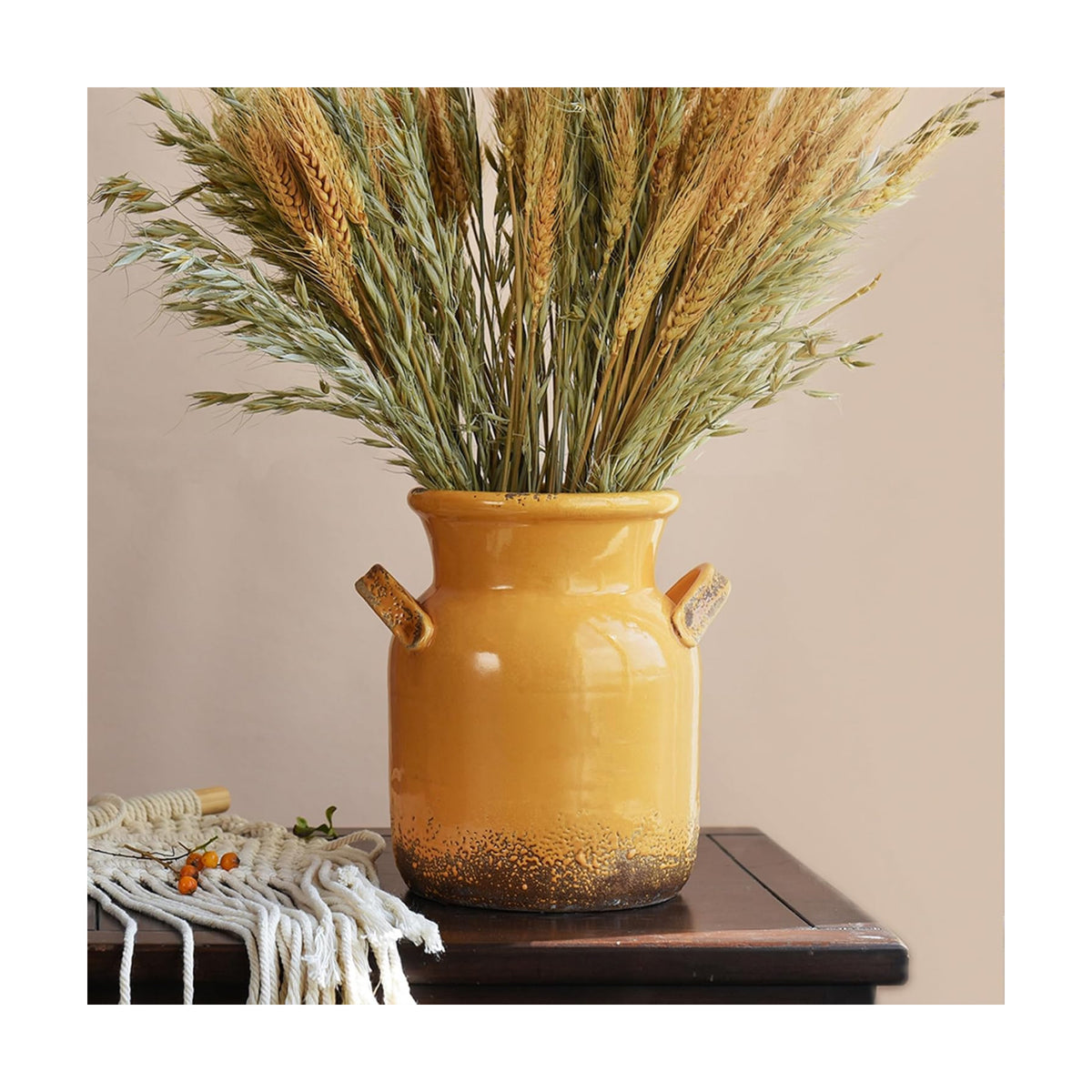 Quoowiit Ceramic Rustic Farmhouse Vase, Distressed Decorative Flower Vases for Home Decor, Ideal Shelf Decor, Yellow Boho Vase for Living Room Bedroom Kitchen Office Centerpiece Table Decorations
