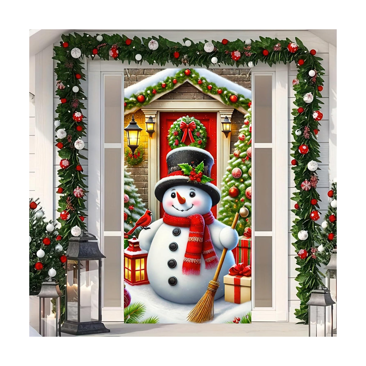 BlissYard Christmas Door Cover Snowman Lantern 35x71 Inch Polyester