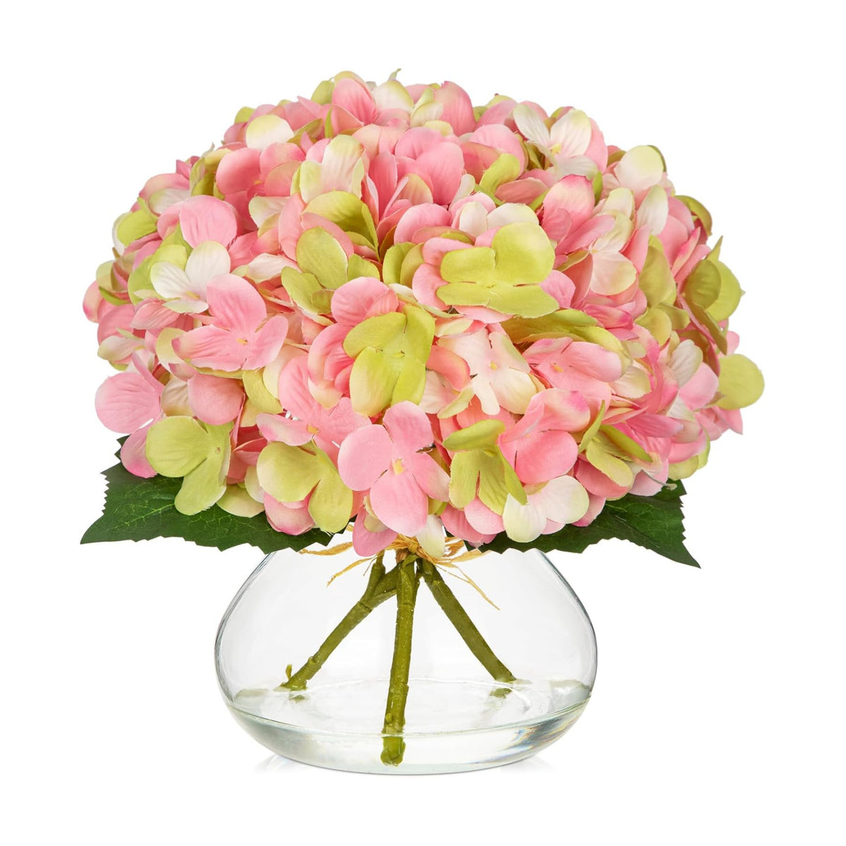 Hollyone Hydrangea Artificial Flowers with Glass Vase Pink-Green Silk Faux Flowers Arrangements in Vase with Faux Water Fake Floral Bulk Bouquet for Home Decor Table Centerpiece Decorations