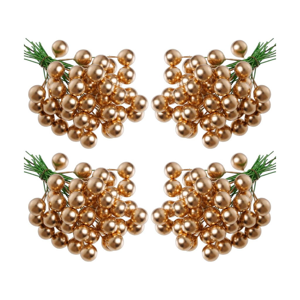 Lystaii 200pcs Artificial Holly Berries Mini 10 mm Christmas Fake Berries with Wire Stems Artificial Berry Fake Berry Stems Picks for Christmas Tree Decorations Wreath Party (Gold and Green Stems)