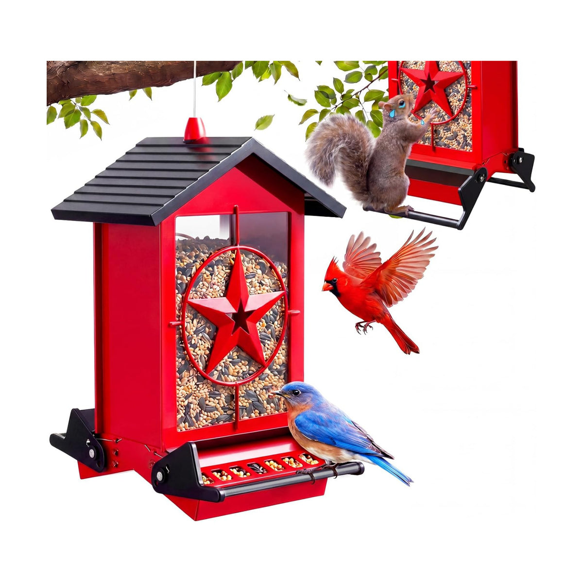Squirrel Proof Bird Feeders for Outdoors with Weight-Activated, Metal 5LB Large Wild Bird Feeders for Cardinals,Blue Jay,Finch, Weatherproof Durable Hanging Bird Feeder for Backyard,Garden (Red)